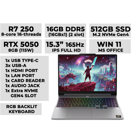 Lenovo LOQ 15AHP11 83TN0016PH Gaming Laptop 15.3" 165hz IPS | Ryzen 7 250 | 16GBx1 DDR5 (2 slot) | 512GB NVMe | RTX 5050 8GB